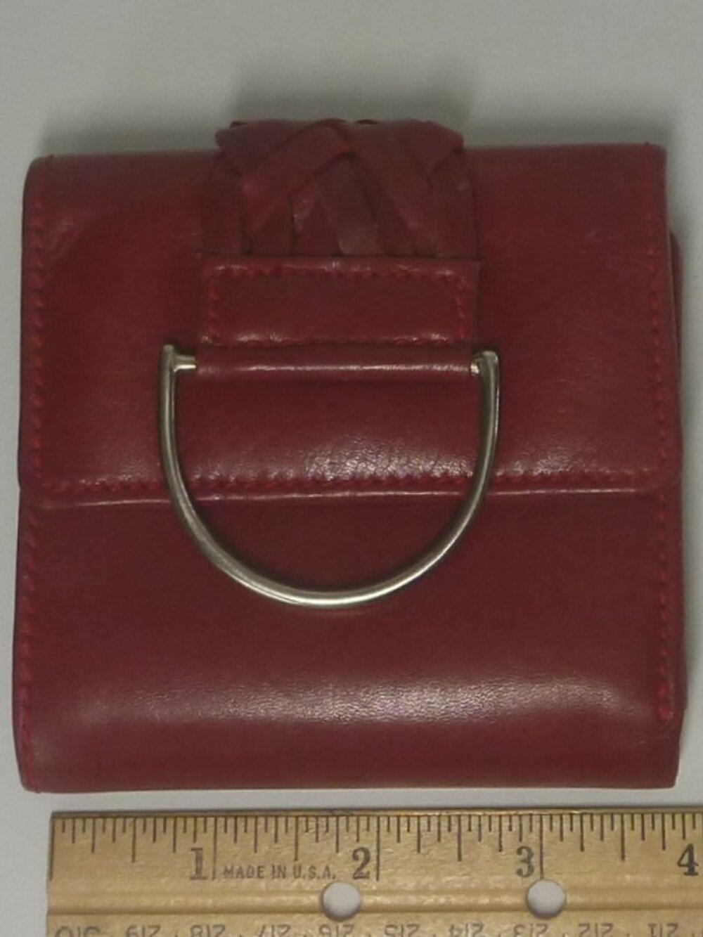 Hidesign Vintage Red Leather Trifold Wallet Silver D-Ring Detail